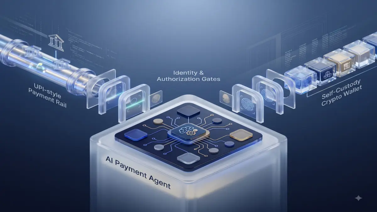 A conceptual comparison of an AI payment agent moving funds through a permissioned payment rail and a crypto wallet, emphasizing identity, authorization and spending limits.