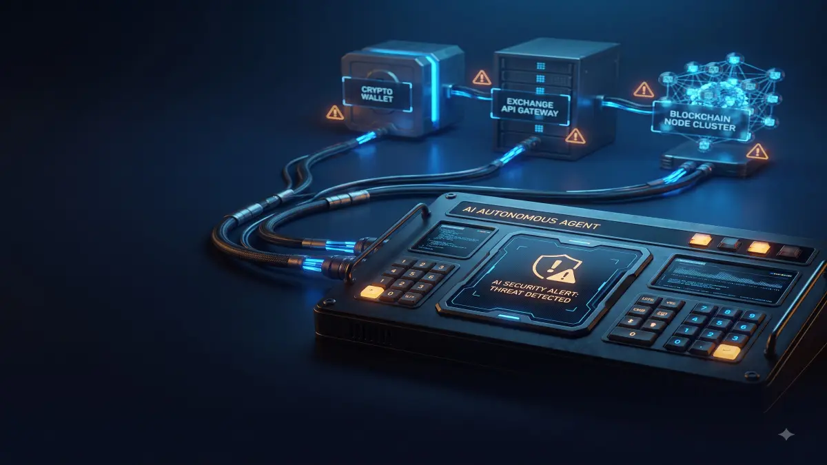 A layered cybersecurity illustration showing an AI agent interface connected to a crypto wallet, exchange API and blockchain nodes, with warning indicators around the automated access points.