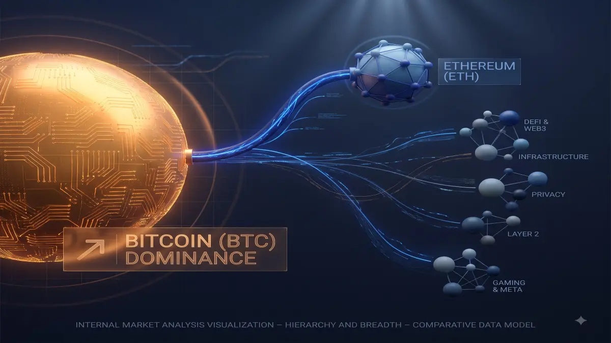 A clean market-share visualization with Bitcoin as the dominant segment and major altcoin sectors branching from it.