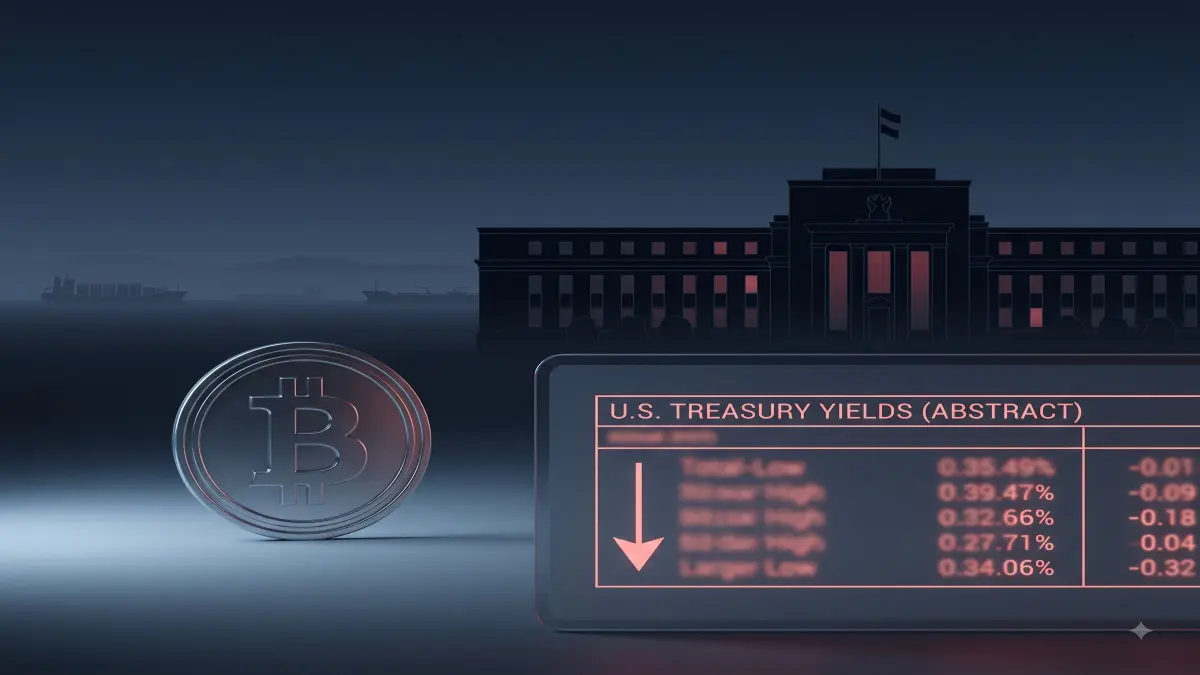 A macro trading desk with Bitcoin price context, Treasury yield imagery and a Federal Reserve building silhouette, emphasizing policy sensitivity rather than a fake price chart.