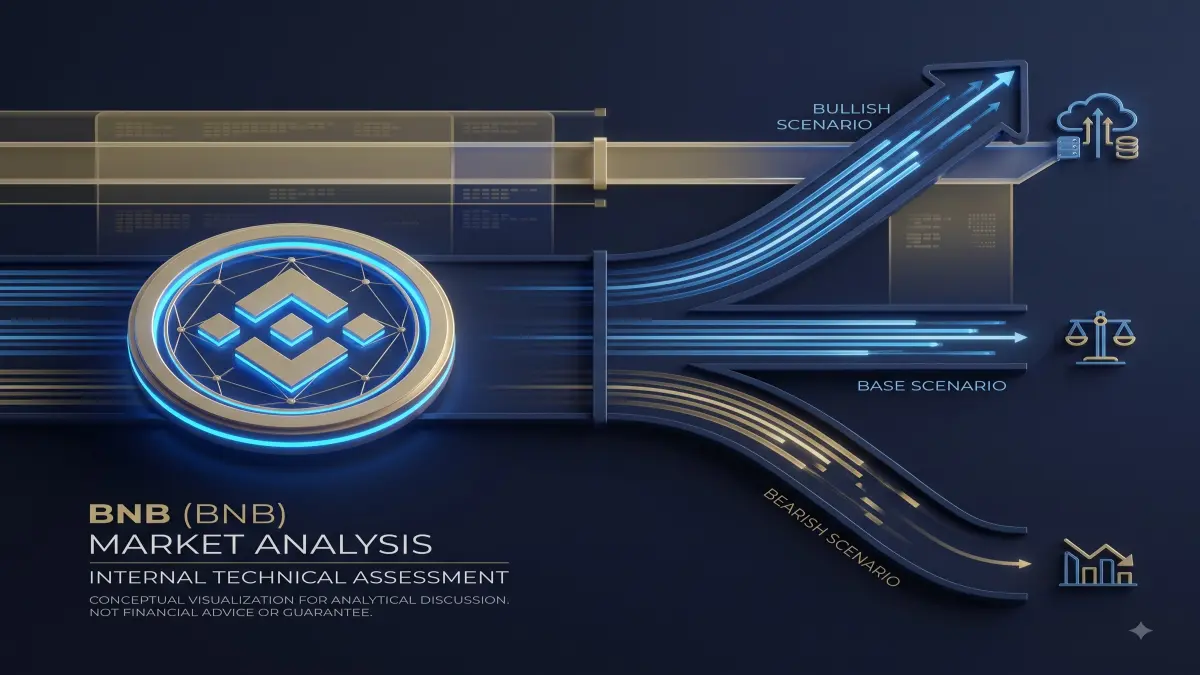 A scenario-based editorial chart concept for BNB showing bullish, base and bearish pathways around the current market structure, with support and resistance zones presented as conceptual levels rather than fabricated live data.