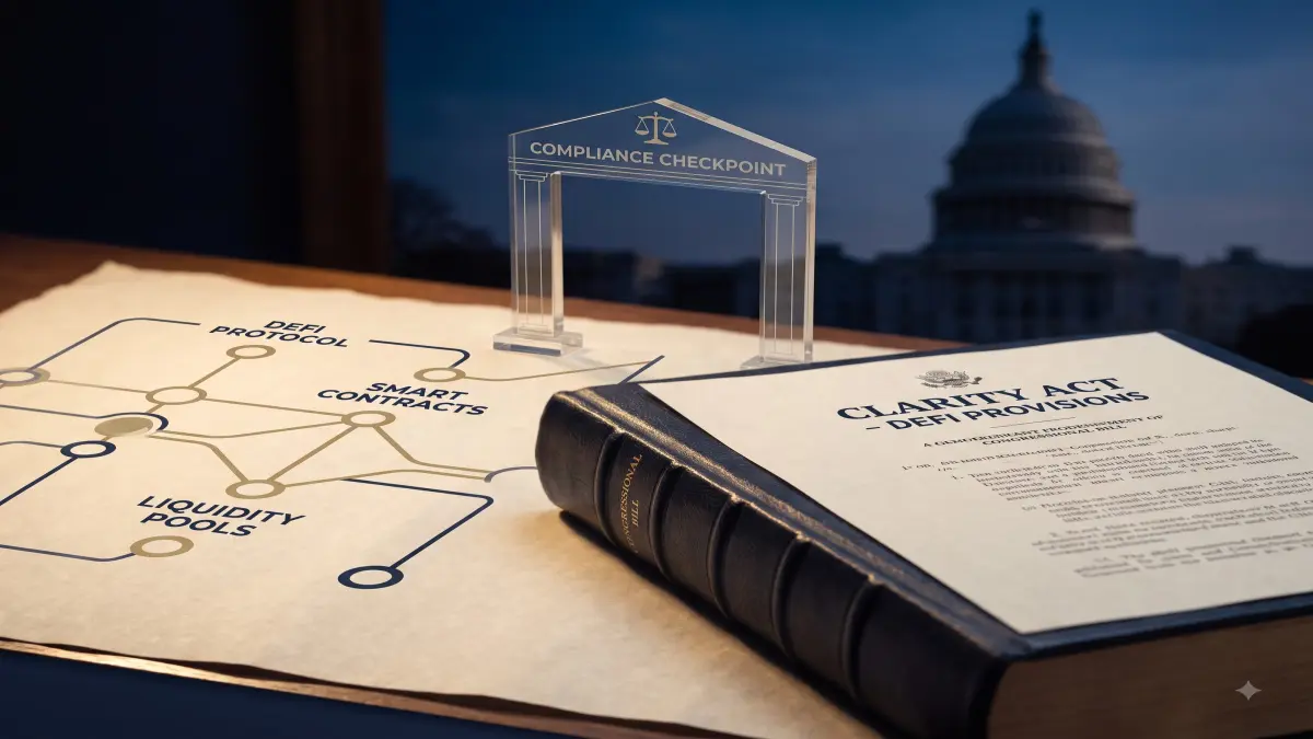 A legislative document and Capitol silhouette connected to a DeFi protocol diagram, emphasizing registration and compliance rather than a political rally.