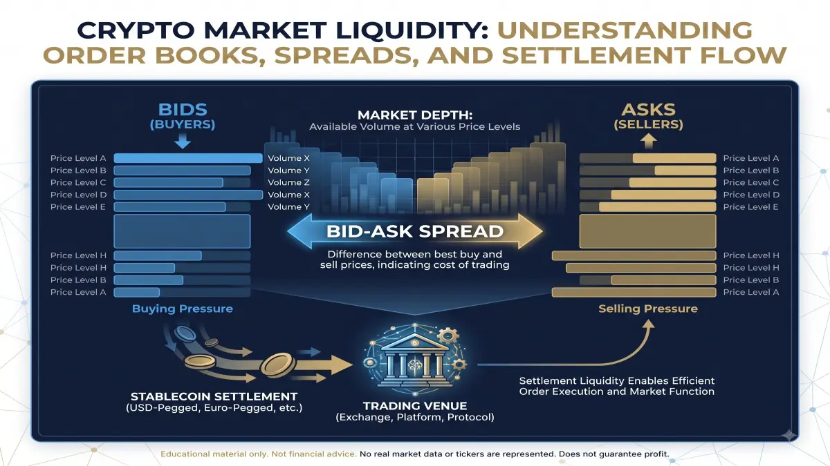 An explanatory diagram of an order book, bid-ask spread, stablecoin settlement flow and liquidity depth.