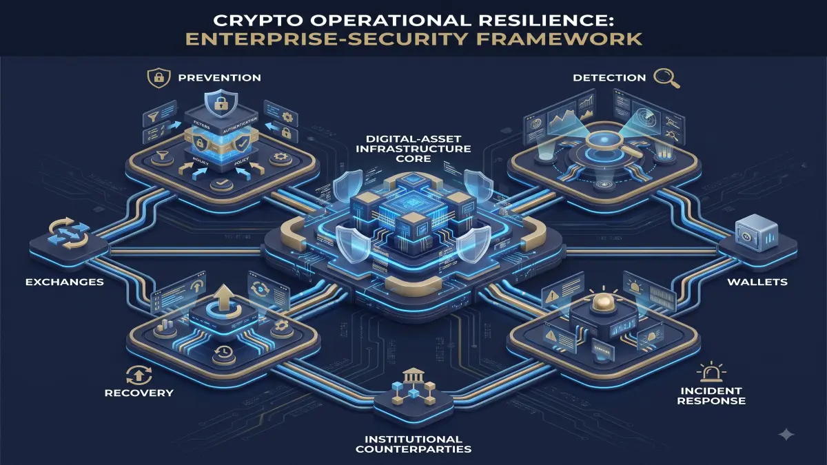 An operational-resilience architecture diagram showing prevention, detection, incident response, recovery and governance around crypto infrastructure. It adds information rather than duplicating the featured image.