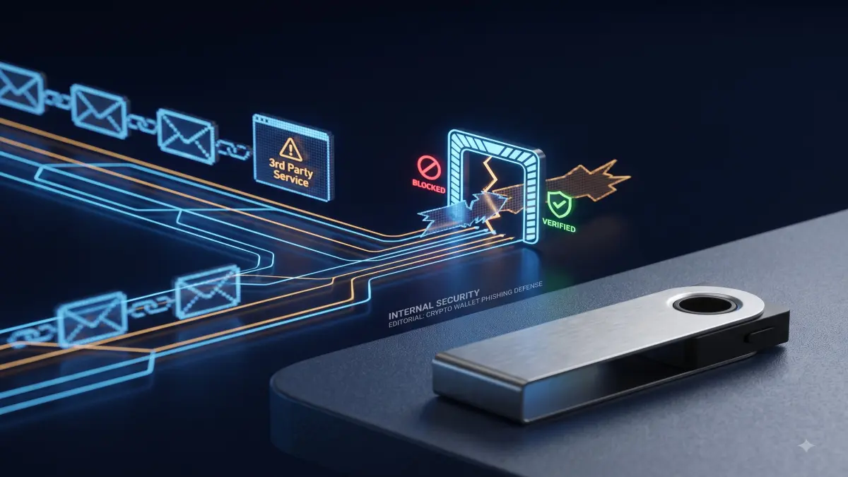 A security-awareness illustration showing a hardware wallet beside a phishing email path and a verification checkpoint.