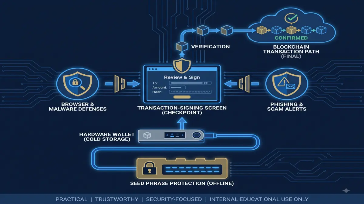 A layered wallet-security diagram showing seed phrase, hardware wallet, signing screen, browser and phishing controls.