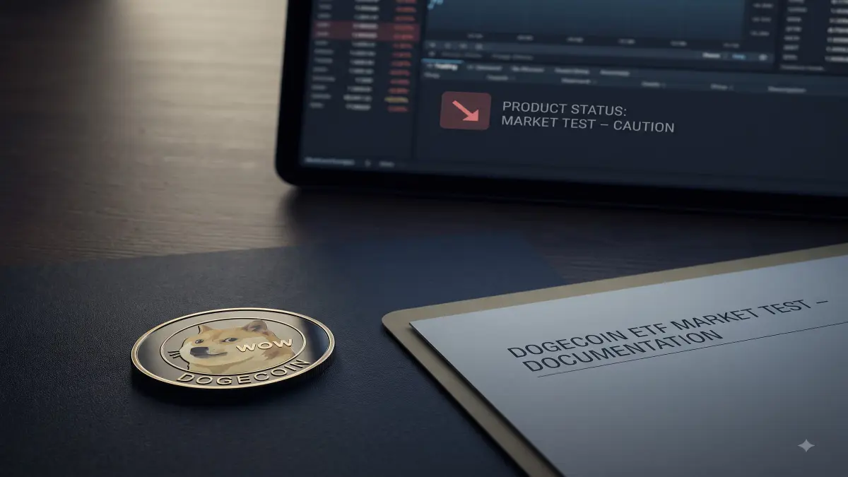 An editorial scene contrasting a regulated Dogecoin ETF product screen with a physical Dogecoin coin and a subdued institutional trading desk.