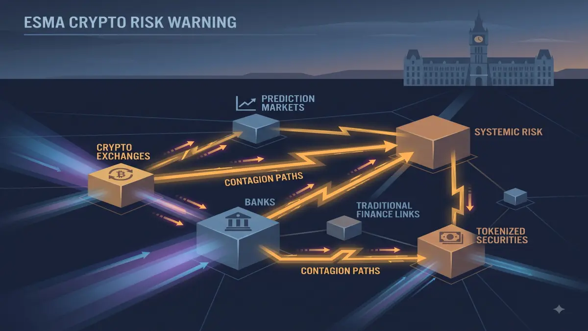 A financial-system network diagram linking crypto exchanges, banks, tokenized assets and prediction markets, with highlighted systemic-risk connections.