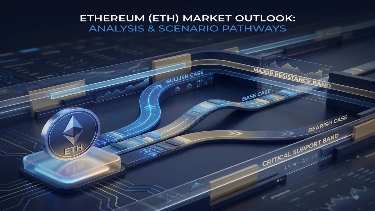 A scenario-based editorial chart concept for Ethereum showing bullish, base and bearish pathways around the current market structure, with support and resistance zones presented as conceptual levels rather than fabricated live data.