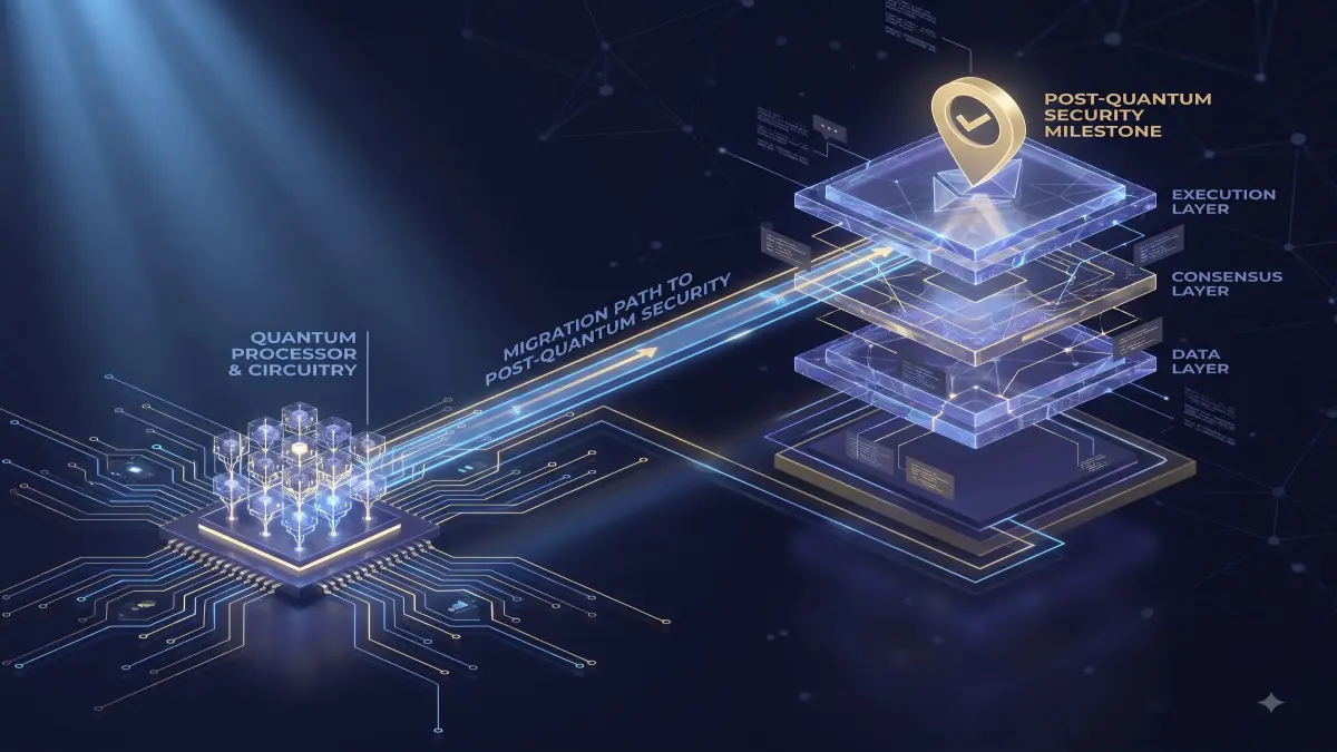 A technical roadmap showing Ethereum layers transitioning toward post-quantum cryptography, alongside a quantum circuit visualization.