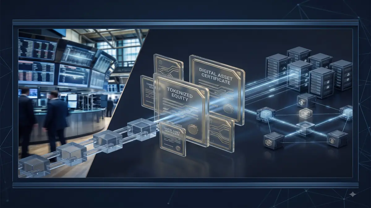 A wide institutional-market illustration connecting a traditional exchange, tokenized securities and crypto-native infrastructure.