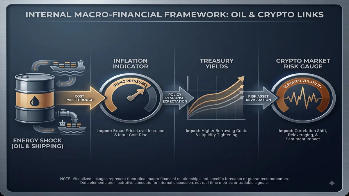 A macro chain diagram linking crude oil, inflation, Treasury yields, liquidity and crypto risk appetite.