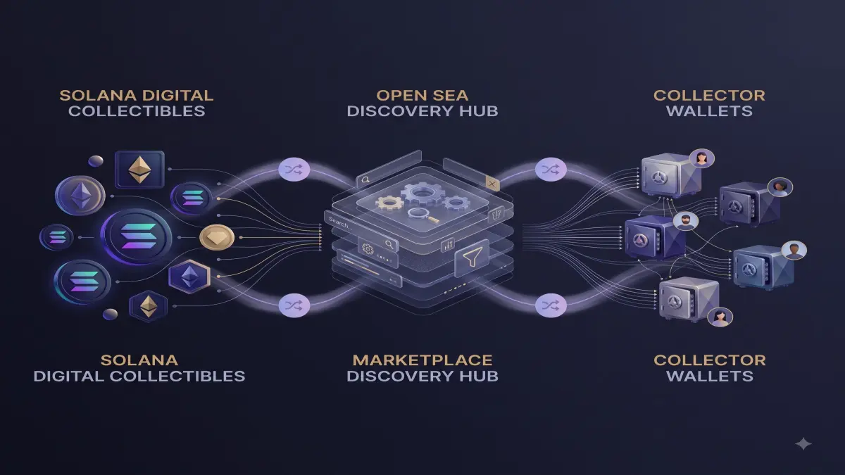 A cross-chain NFT marketplace diagram linking Solana collections, OpenSea discovery and collector wallets.