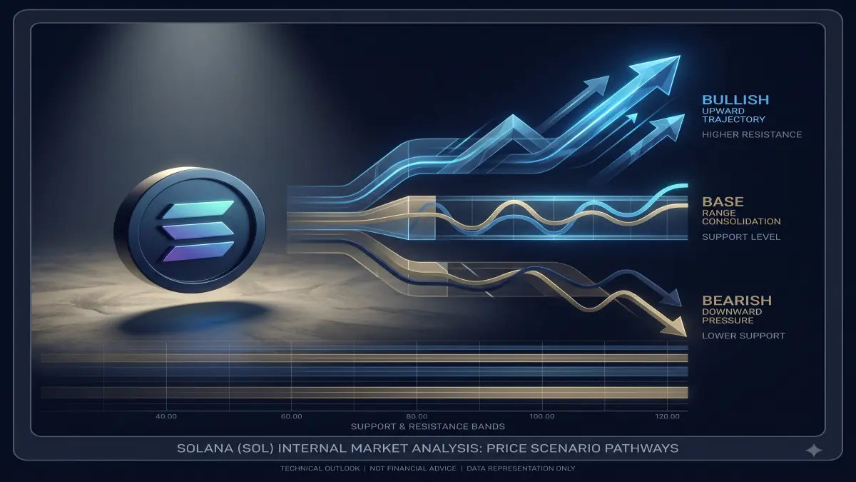 A scenario-based editorial chart concept for Solana showing bullish, base and bearish pathways around the current market structure, with support and resistance zones presented as conceptual levels rather than fabricated live data.