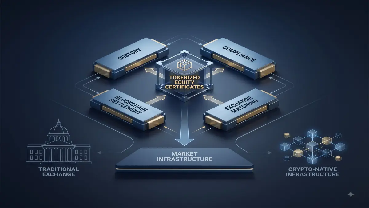 A strategic market-infrastructure map connecting tokenized securities, custody, settlement, exchanges and blockchain rails.