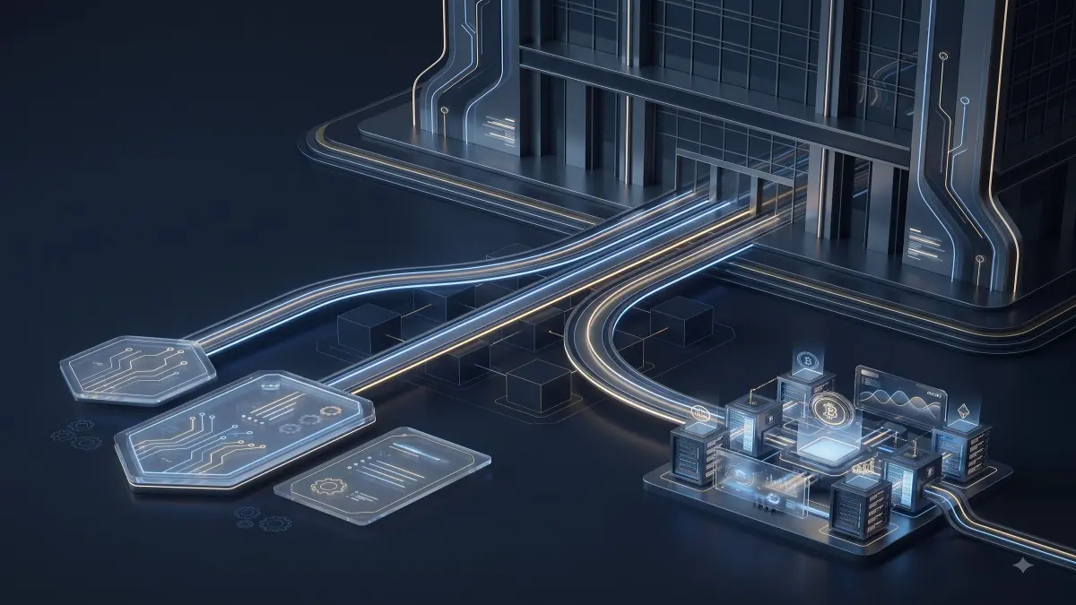 A financial-market infrastructure illustration linking a traditional exchange building, tokenized equity certificates and a crypto-native exchange rail.