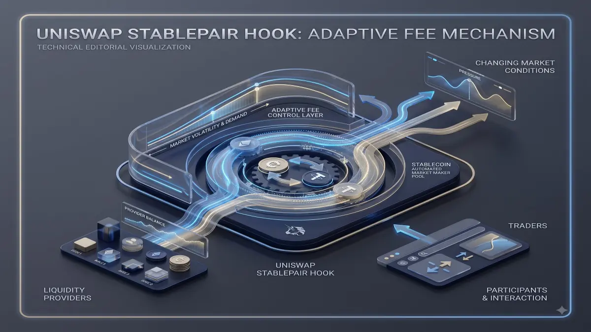 A clean technical diagram showing a stablecoin AMM pool, adaptive fee control and liquidity-provider inventory, with no fake numerical chart.