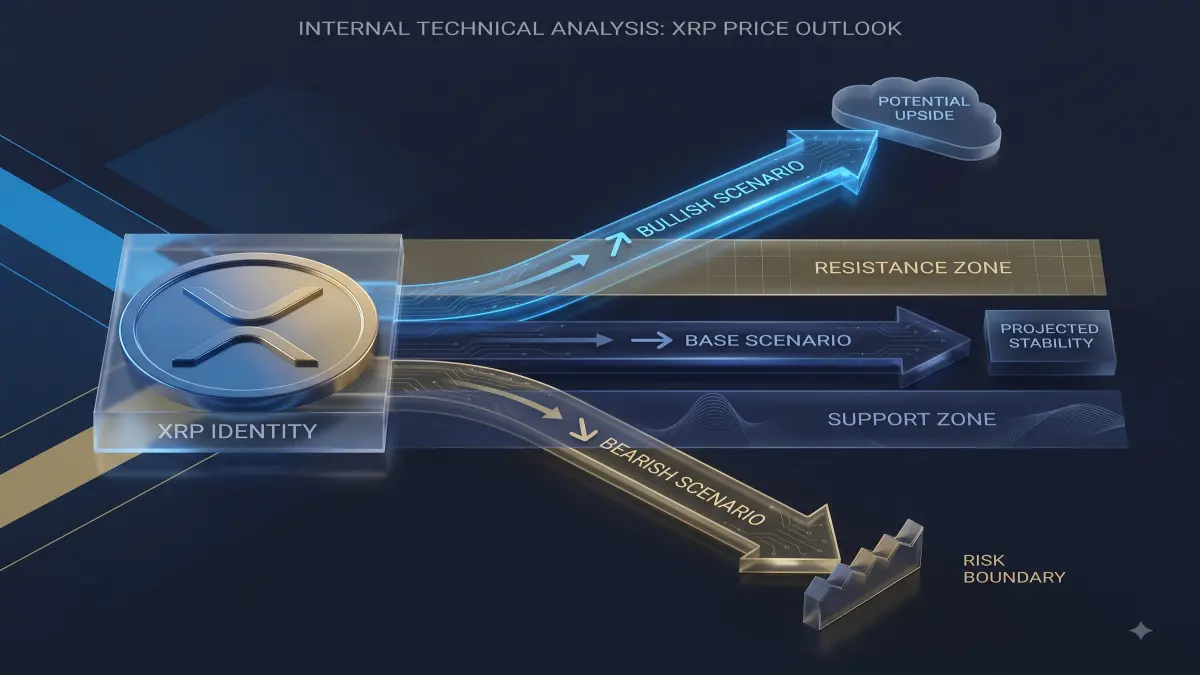 A scenario-based editorial chart concept for XRP showing bullish, base and bearish pathways around the current market structure, with support and resistance zones presented as conceptual levels rather than fabricated live data.