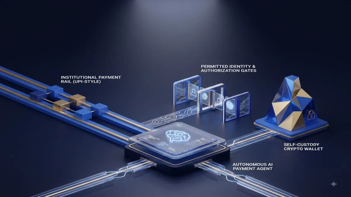 AI agent payments editorial illustration for UnmaskCoins