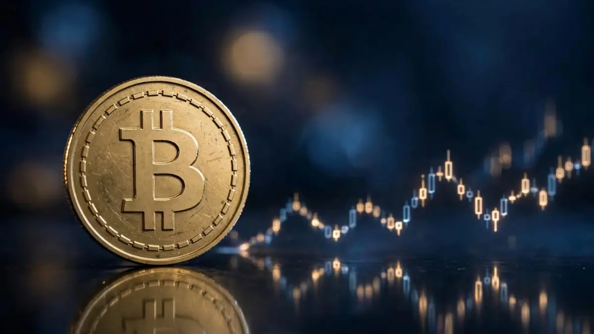 A gold Bitcoin coin set against institutional financial market data and trading charts.