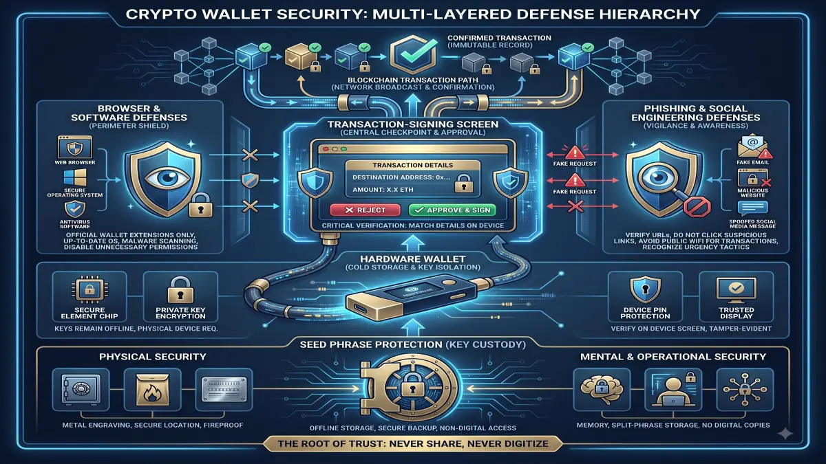 crypto wallet security editorial illustration for UnmaskCoins