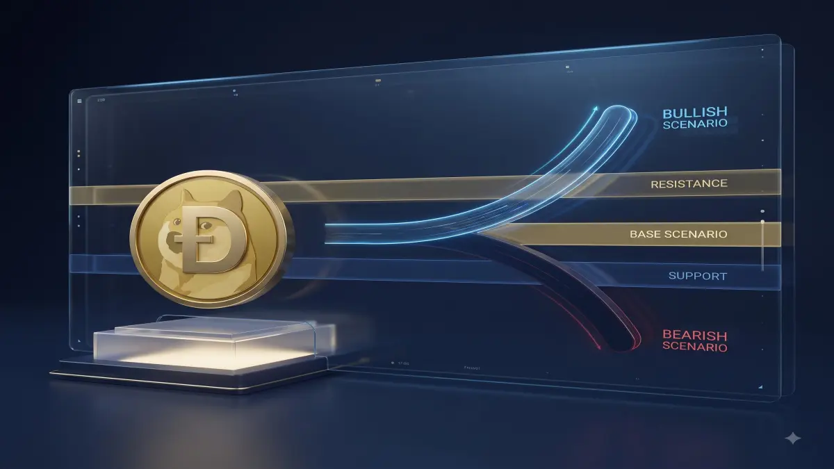DOGE price prediction editorial illustration for UnmaskCoins