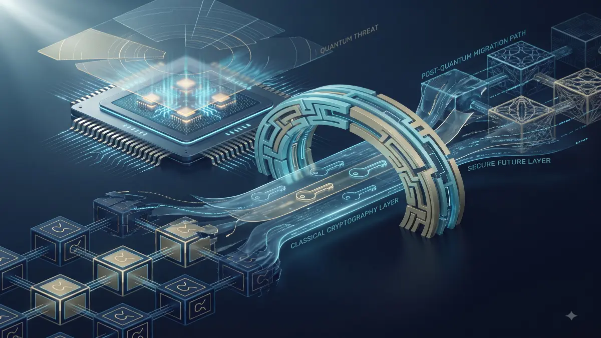 quantum blockchain security editorial illustration for UnmaskCoins